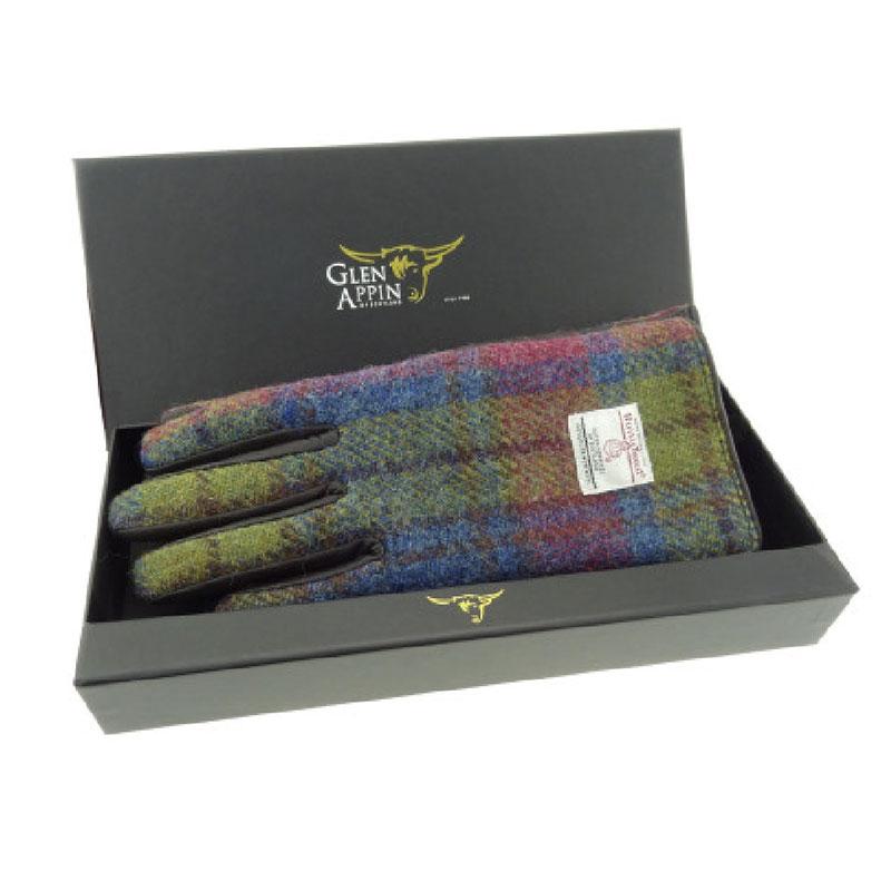 Ladies Brown Leather & Harris Tweed Gloves Boxed in Multi Tartan