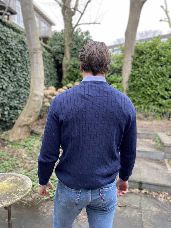 Katoenen kabel trui V Hals Marine - Afbeelding 3