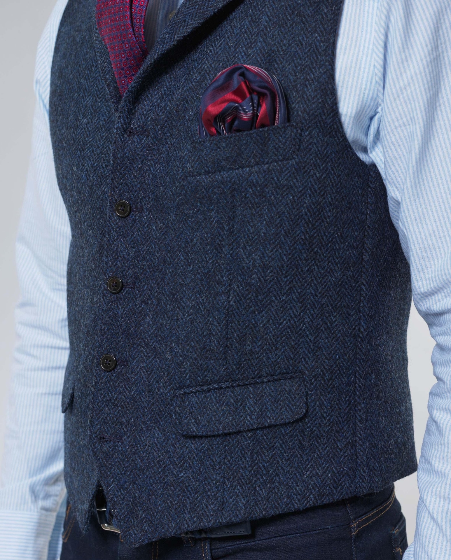 Harris Tweed Vestje "Wales" Met Revers In Blue Herringbone - Afbeelding 4