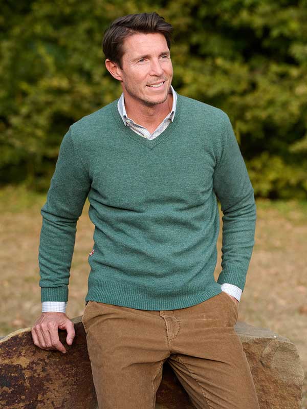 Pullover Lambswool "Jack" Met Harris Tweed Details In Sarge