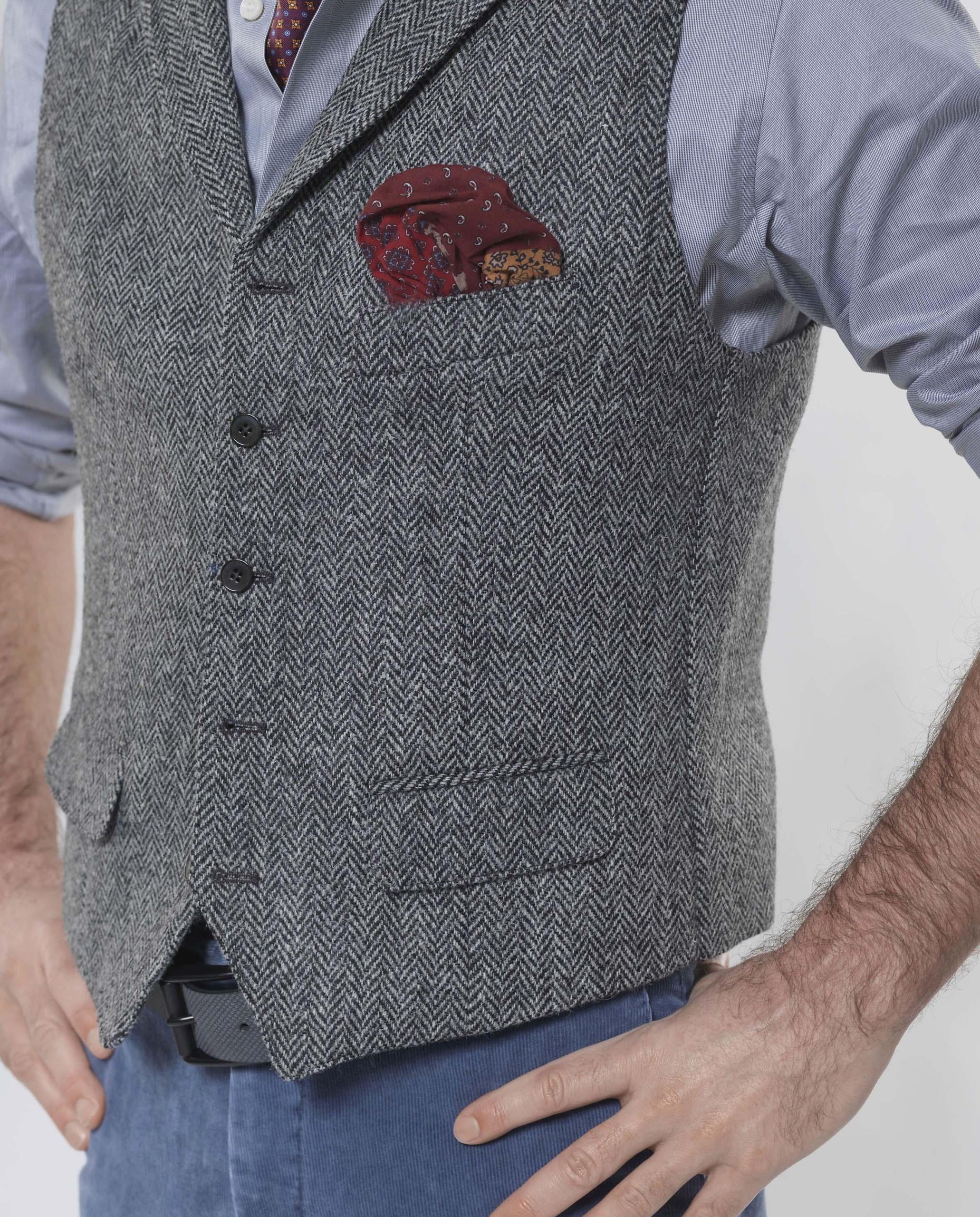 Harris Tweed Vestje "Wales" Met Revers In Black Herringbone - Afbeelding 4