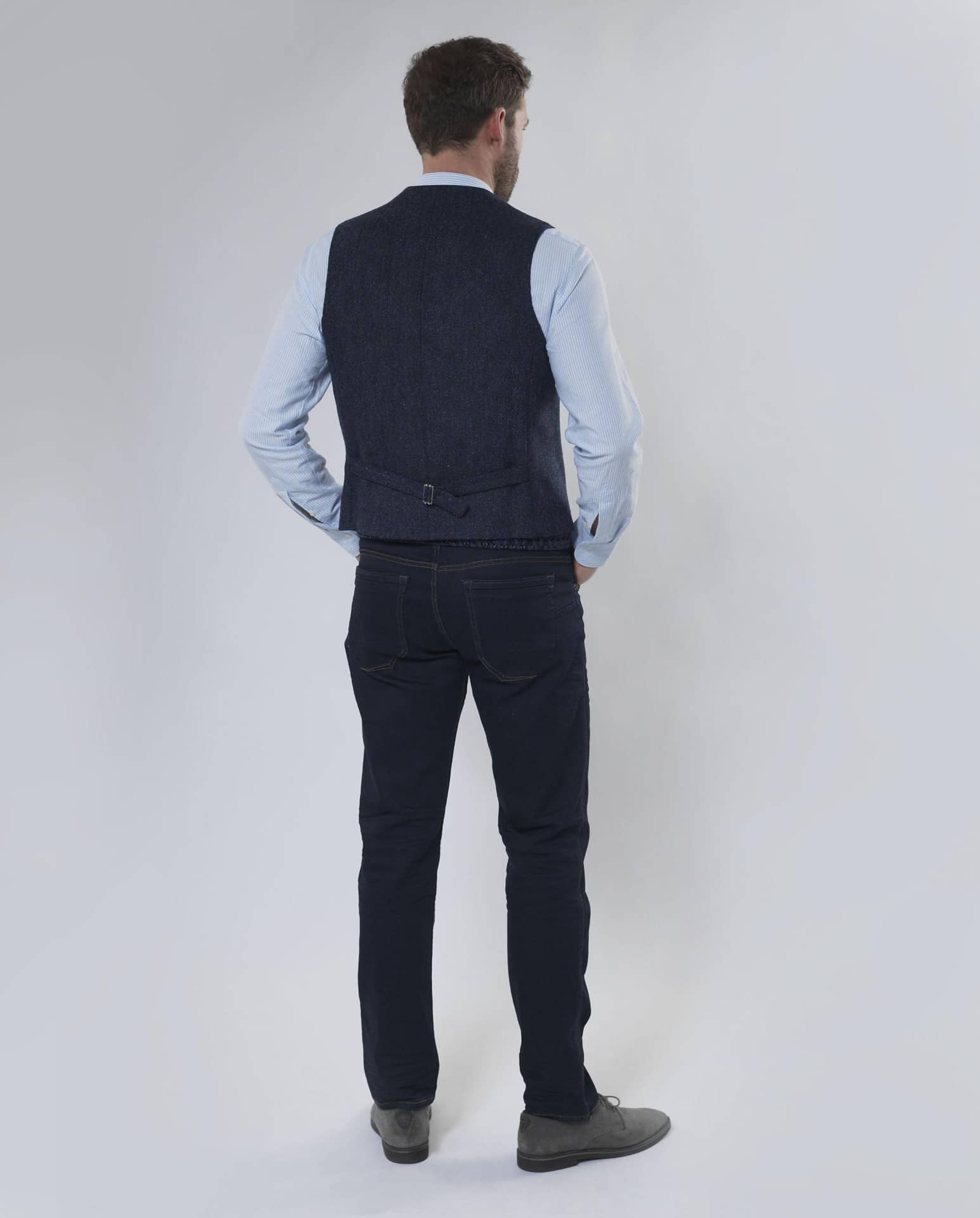 Harris Tweed Vestje "Wales" Met Revers In Blue Herringbone - Afbeelding 3