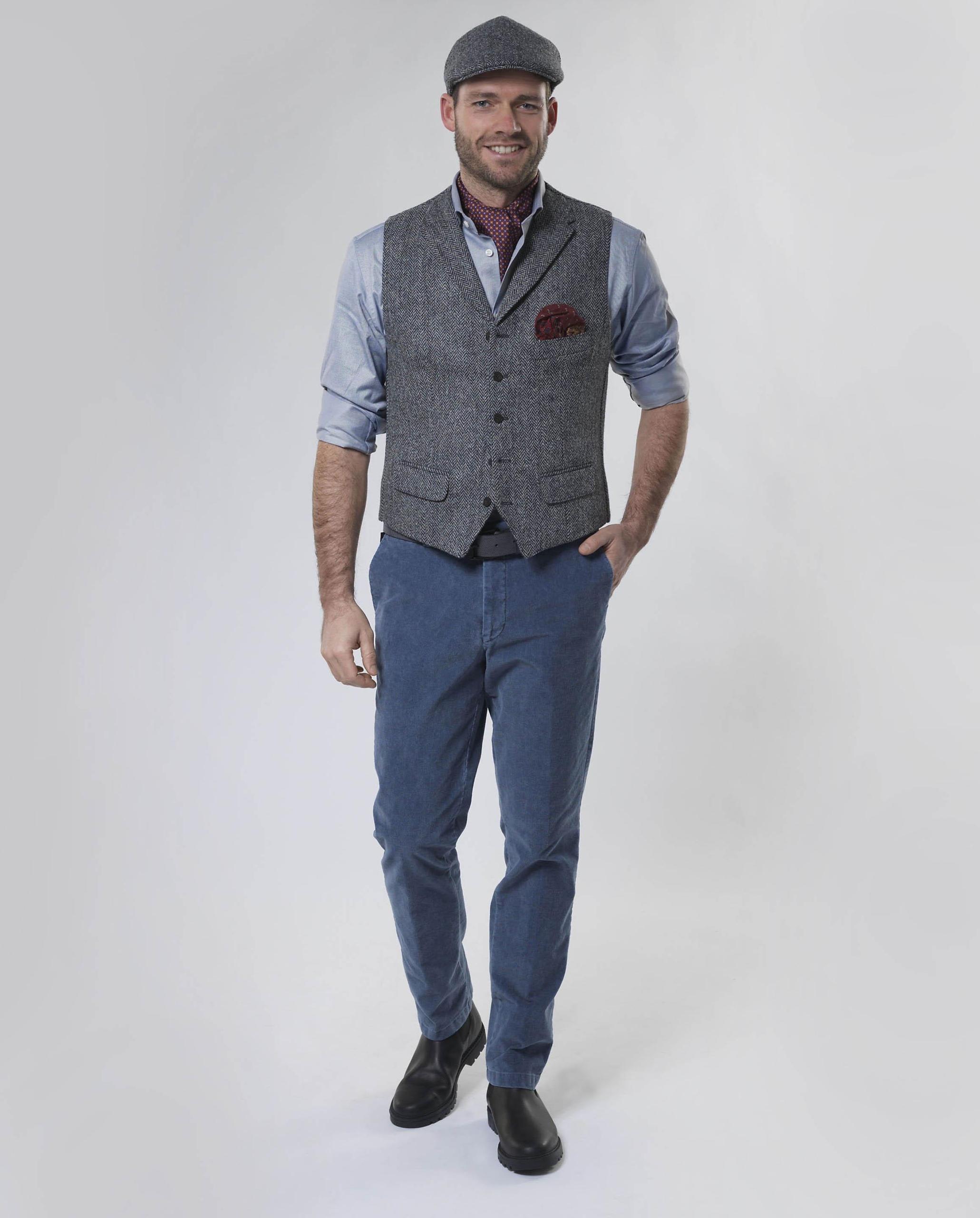 Harris Tweed Vestje "Wales" Met Revers In Black Herringbone - Afbeelding 2