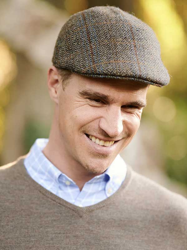 Harris Tweed Flat Cap Henry In Green-Blue Herringbone