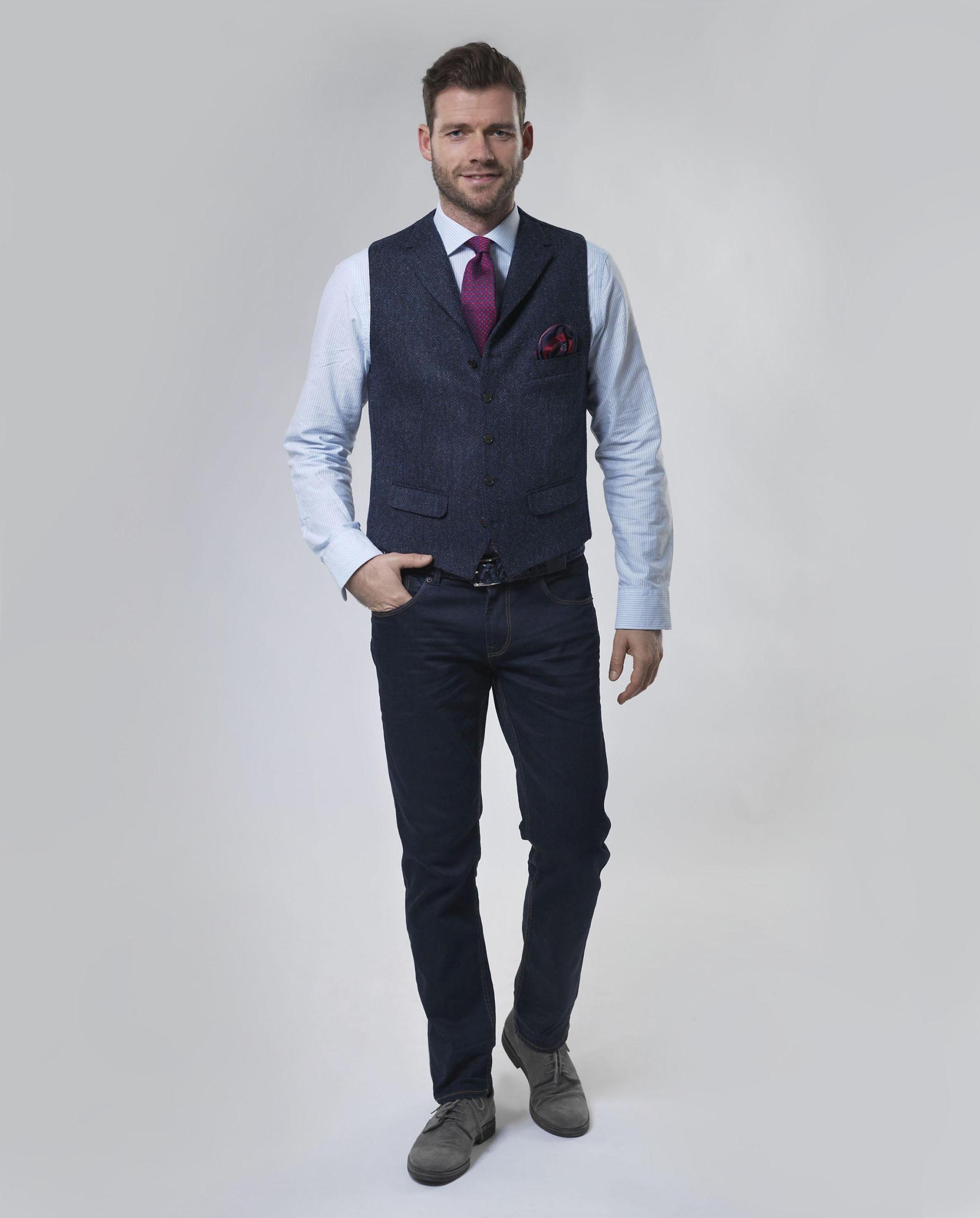 Harris Tweed Vestje "Wales" Met Revers In Blue Herringbone - Afbeelding 2