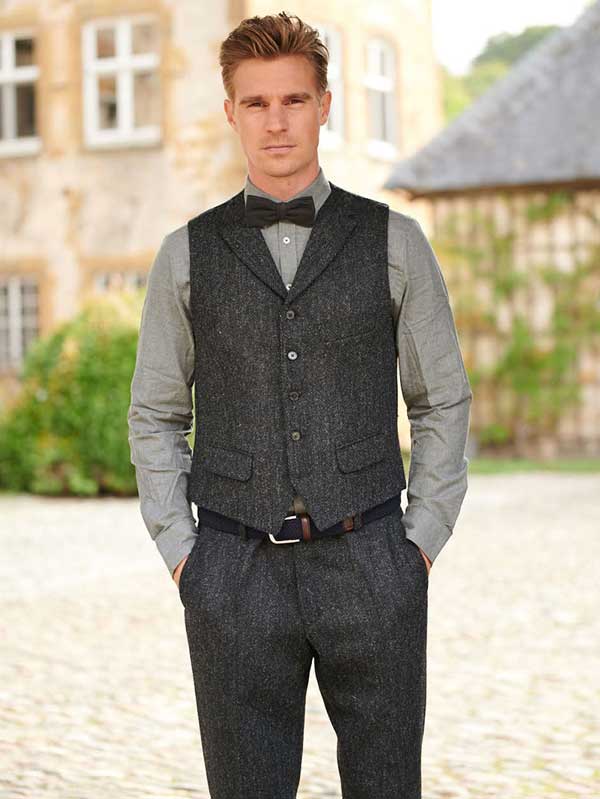 Harris Tweed Vestje Wales Met Revers In Charcoal