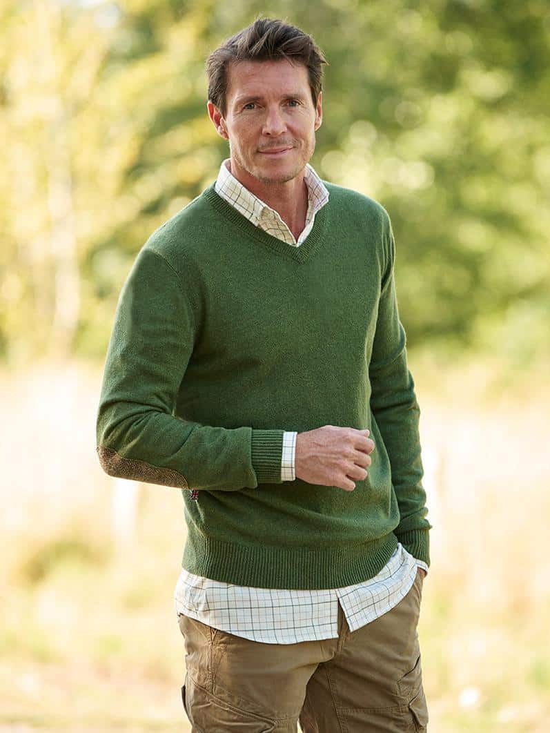 Pullover lambswool Dille met Harris Tweed details Dille