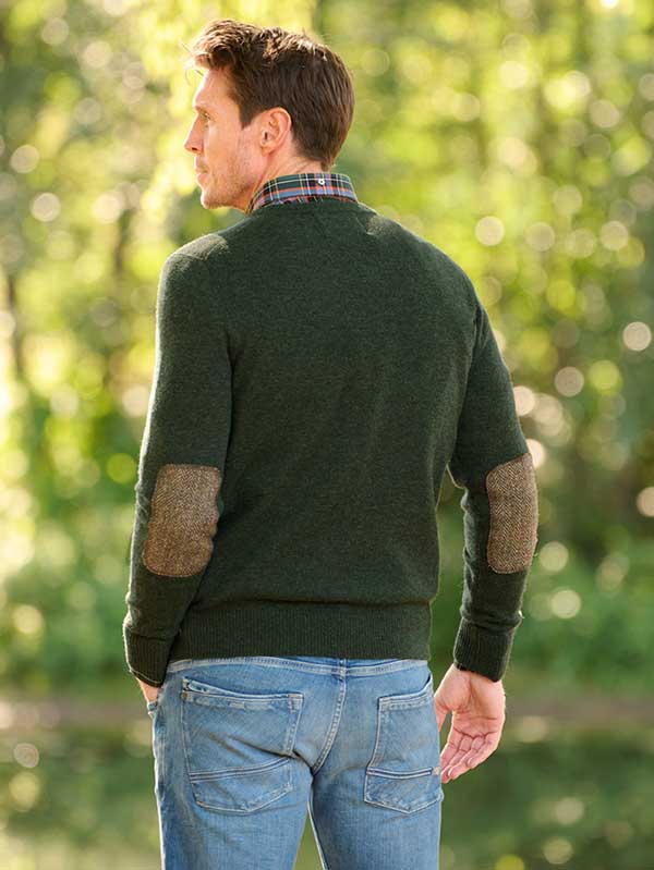 Pullover Lambswool Forest Green met Harris Tweed details Forest Green - Afbeelding 2