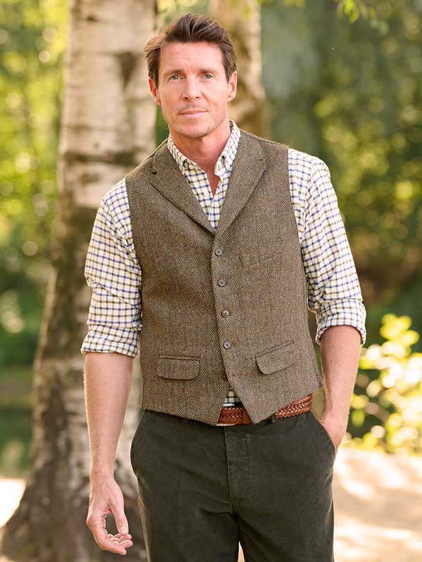 Harris Tweed Vestje "Wales" Met Revers In Evergreen