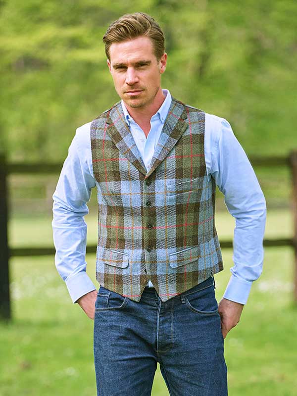 Harris Tweed Vestje Wales Met Revers In Highland Check