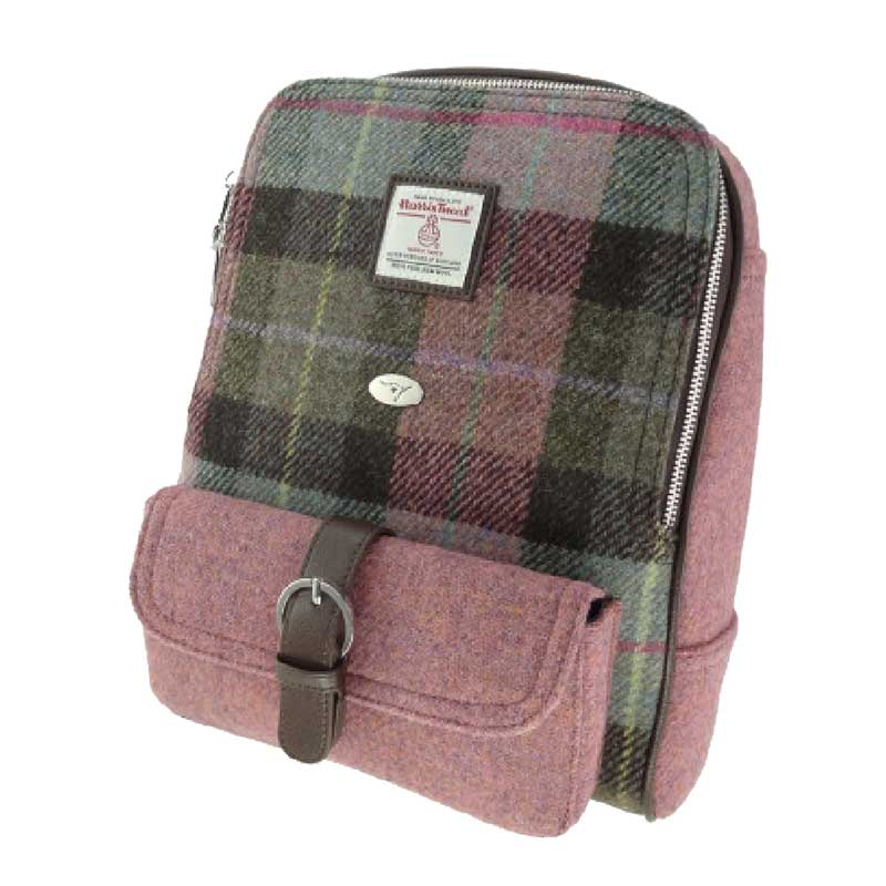 Harris Tweed 'Naver' Backpack in Muted Green and Rose Pink Tartan