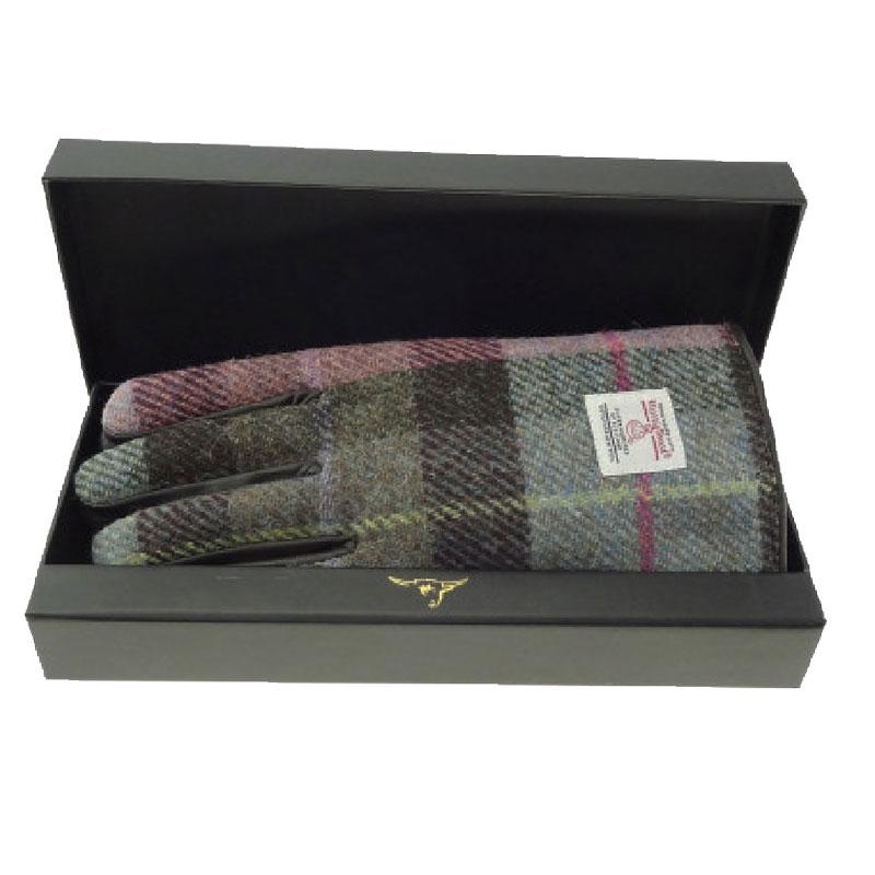 Ladies Brown Leather & Harris Tweed Gloves Boxed in Muted Green and Rose Pink Tartan