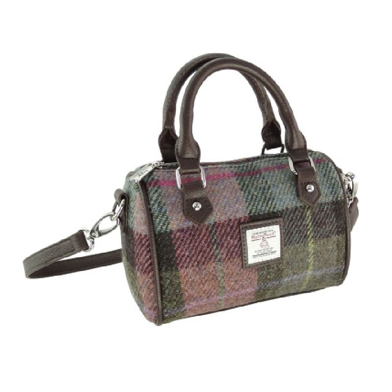 Harris Tweed 'Kilbride' Mini Bowling Bag in Muted Green & Purple Tartan