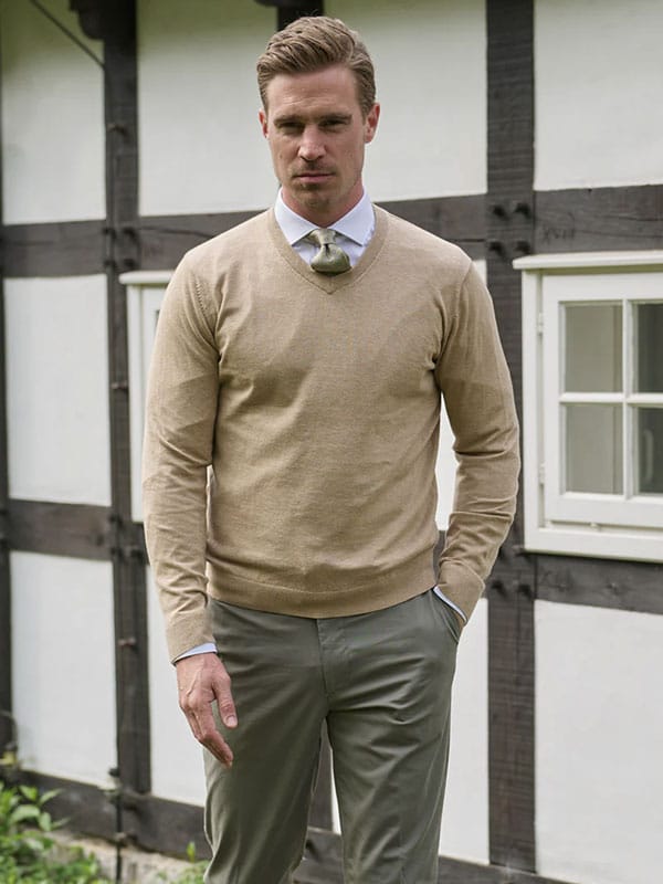 Pullover Cotton V Neck, Beige