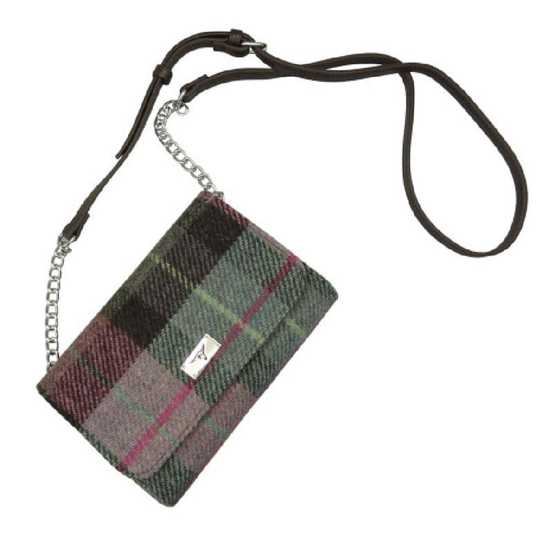Harris Tweed 'Strathy' Wallet Shoulder Bag in Muted Green & Rose Pink Tartan