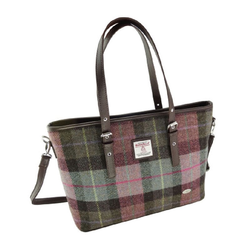 Harris Tweed 'Spey' Tote Bag' in Muted Green & rose pink Tartan