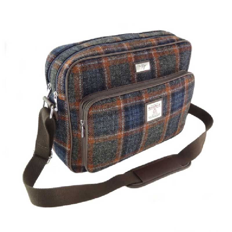 Harris Tweed 'Bowmont' Messenger Bag In Grey with Rust Overcheck