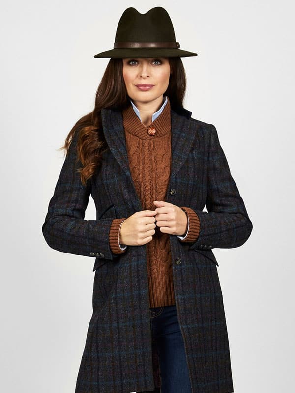 Harris Tweed Dames Overjas, Tori 3/4 Coat Navy Multi Check