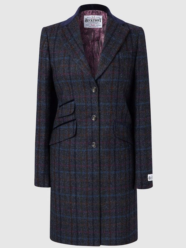 Harris Tweed Dames Overjas, Tori 3/4 Coat Navy Multi Check - Afbeelding 2