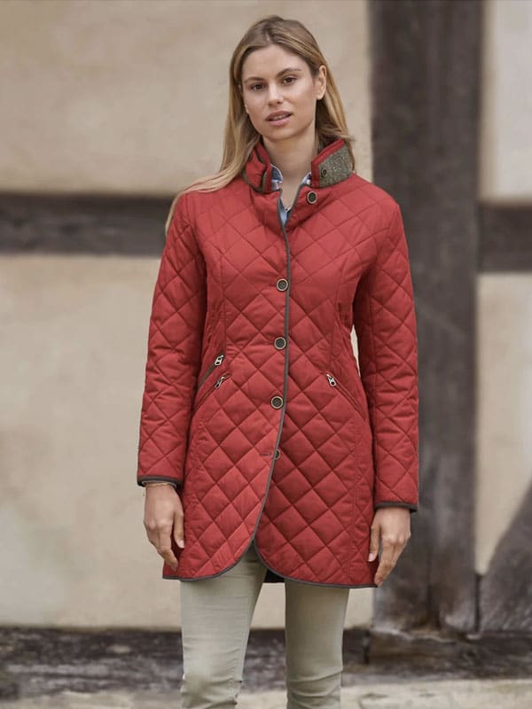 Wellington Dames Steppmantel Gabby Met Tweedbekleding In Red Dahlia