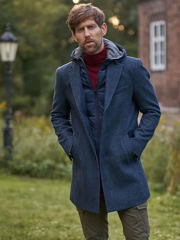 Harris Tweed Heren Korte Jas Flynston Met Vest-Inzetstuk In Blue Herringbone - Afbeelding 2