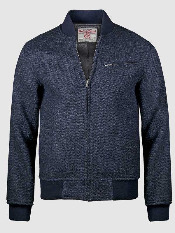 Harris Tweed Baseball Jacket Joe, Navy Herringbone