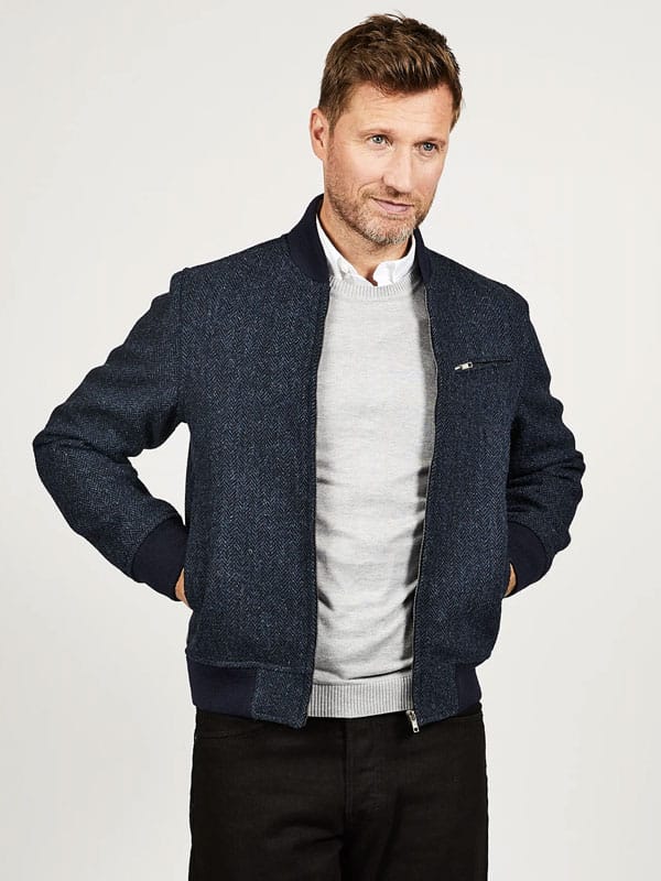 Harris Tweed Baseball Jacket Joe, Navy Herringbone - Afbeelding 2