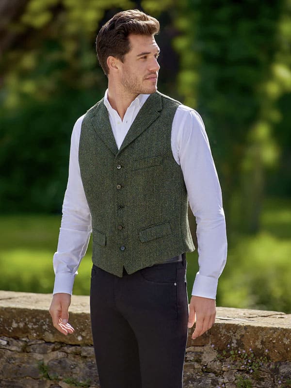 Harris Tweed Vestje Wales Met Revers In Green Island Herringbone - Afbeelding 2