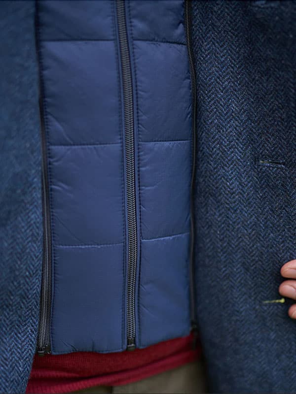 Harris Tweed Heren Korte Jas Flynston Met Vest-Inzetstuk In Blue Herringbone - Afbeelding 4