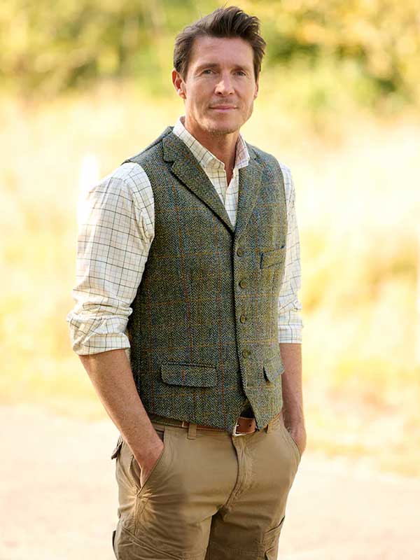 Harris Tweed Vestje Wales Met Revers In Oliv-Blue Overcheck
