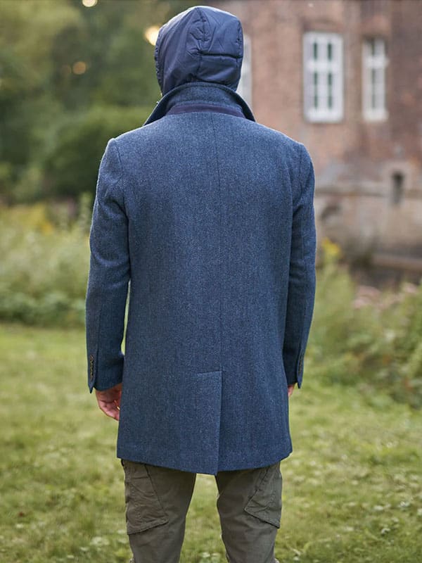 Harris Tweed Heren Korte Jas Flynston Met Vest-Inzetstuk In Blue Herringbone - Afbeelding 3