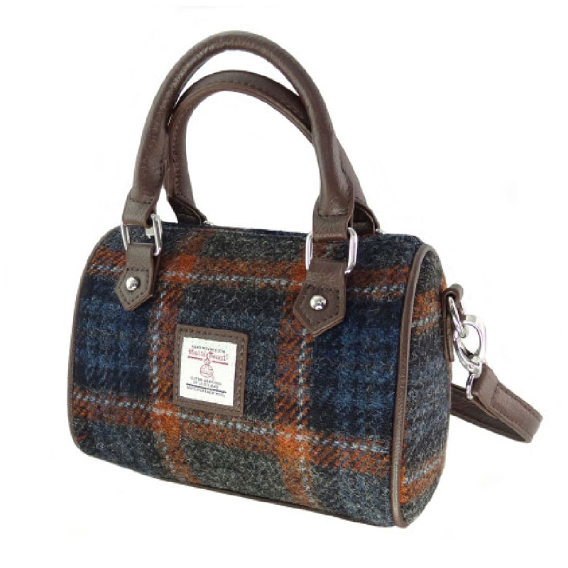Harris Tweed 'Kilbride' Mini Bowling Bag in Grey with Rust Overcheck
