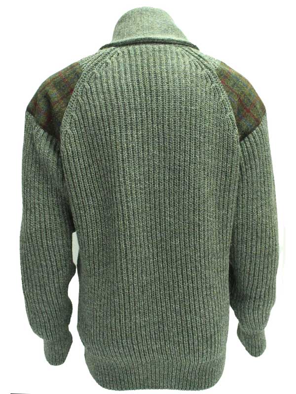 Chunky knit Shawl Collar Sweater with Harris Tweed patches Derbytweed - Afbeelding 3
