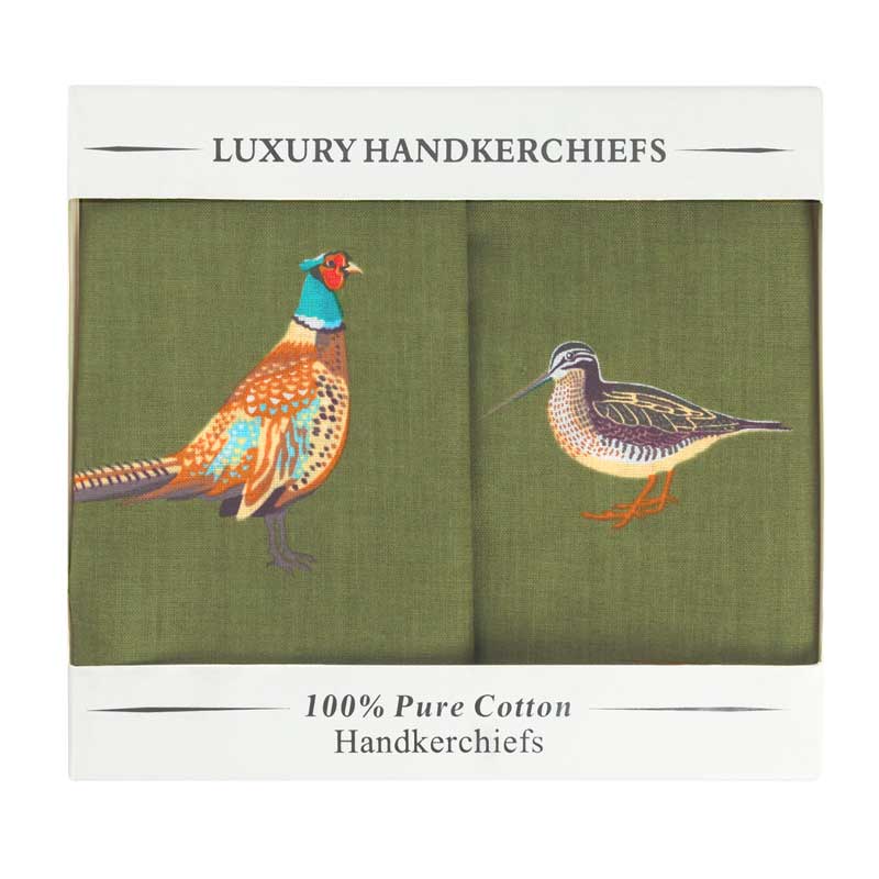 Handkerchiefs, Pack Of Two Game Bird Cotton Green