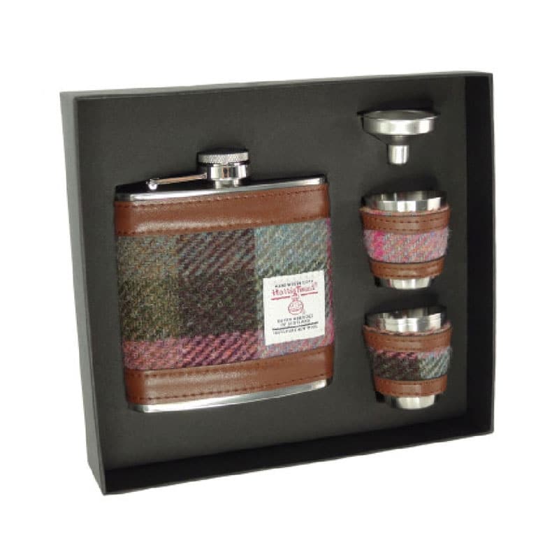 Harris Tweed Hip Flask Gift Set in Muted Green & Rose Pink Tartan