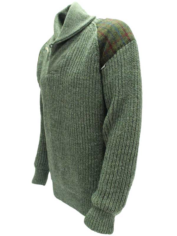 Chunky knit Shawl Collar Sweater with Harris Tweed patches Derbytweed - Afbeelding 2