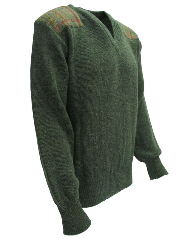 Vee neck sweater with Harris Tweed patches Mossgreen - Afbeelding 2