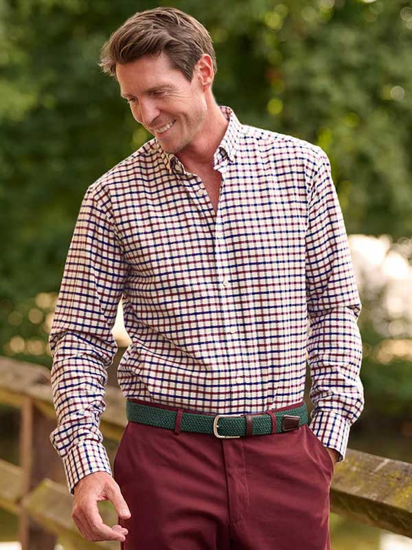 Overhemd Button Down “Steward” In Wine Red And Blue Window Check