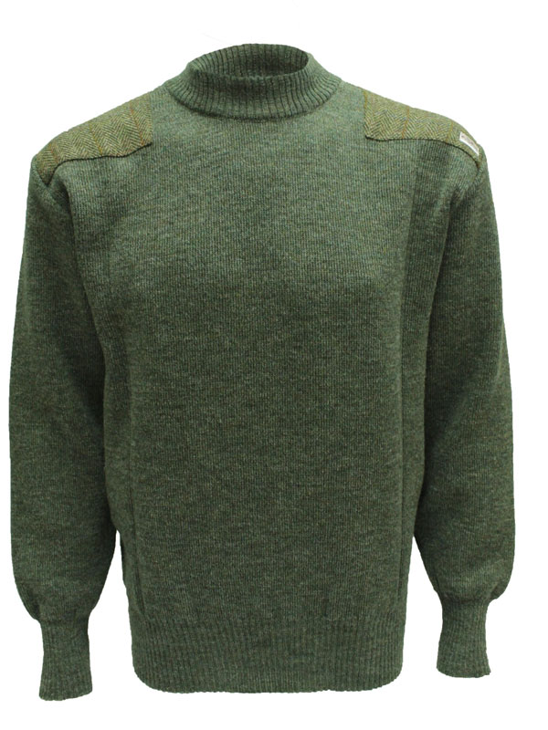 Crew neck sweater with Harris Tweed patches Derby Tweed