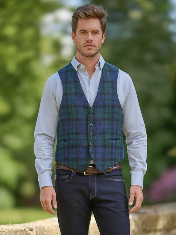 Harris Tweed Vestje Tailor Zonder Revers In Blackwatch