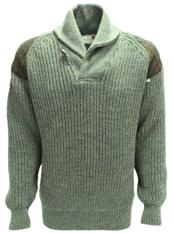 Chunky knit Shawl Collar Sweater with Harris Tweed patches Derbytweed