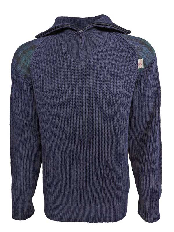 Zip sweater with Harris Tweed patches Navy