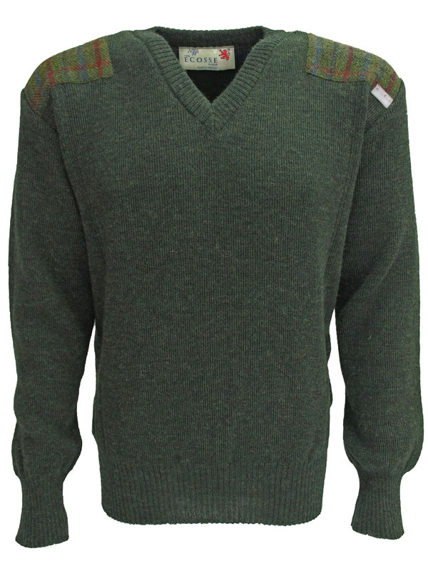 Vee neck sweater with Harris Tweed patches Mossgreen
