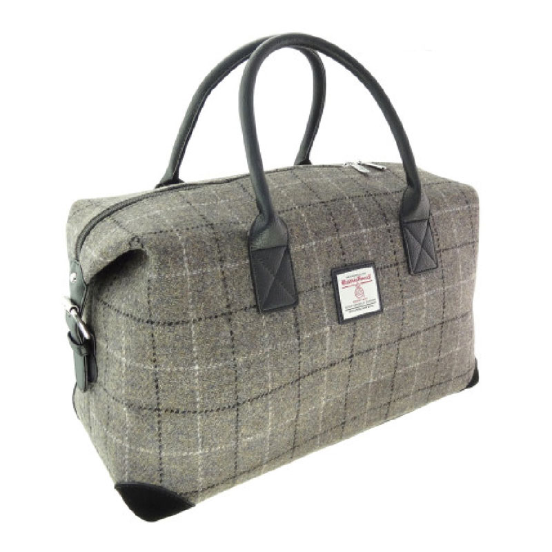Harris Tweed 'Esk' Overnight Bag in Mink with Black Overcheck