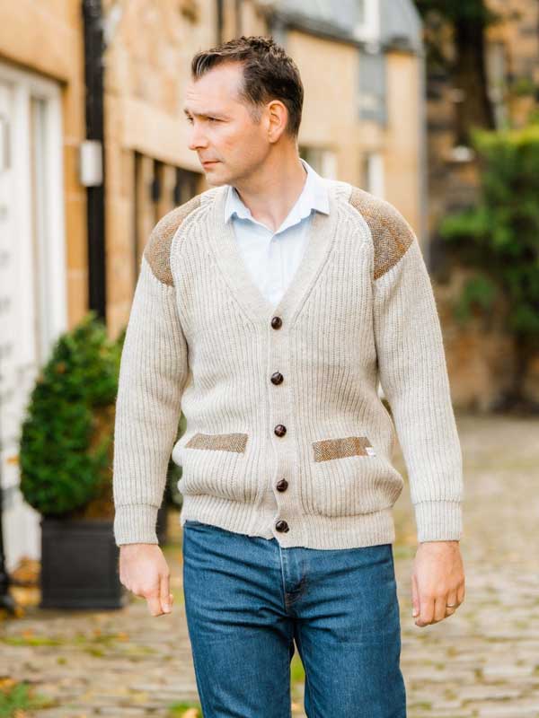 Chunky Knit Traditional Cardigan With Harris Tweed Patches Light Grey Welsh