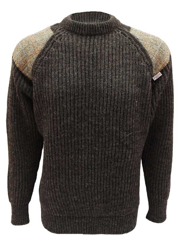 Chunky Crew Neck Sweater With Harris Tweed Patches Dark Grey Welsh - Afbeelding 2