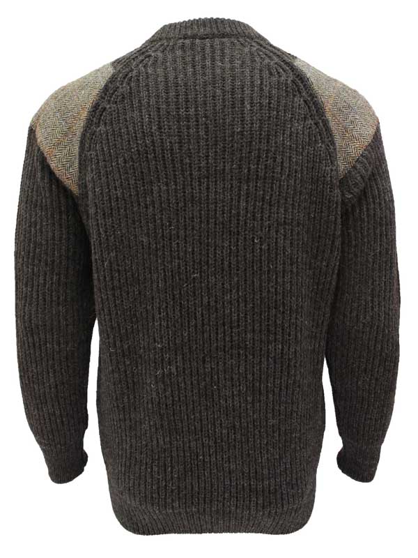 Chunky Crew Neck Sweater With Harris Tweed Patches Dark Grey Welsh - Afbeelding 3