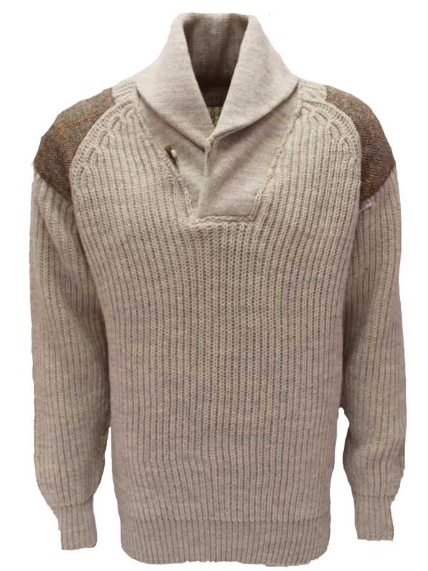 Chunky knit Shawl Collar Sweater with Harris Tweed patches Light Grey Welsh - Afbeelding 3