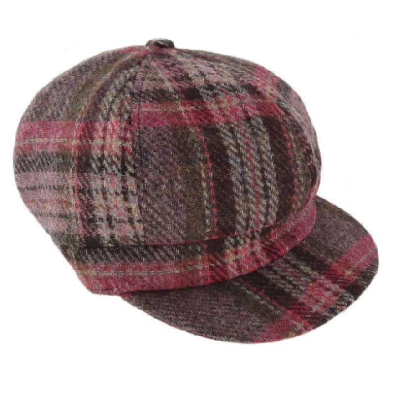 Harris Tweed One Size Ladies Cap in Burgundy and Pink Stewart Tartan
