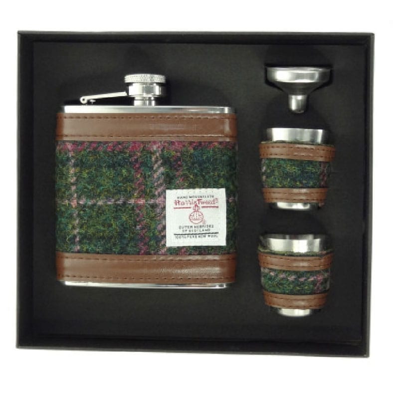 Harris Tweed Hip Flask Gift Set in Dark Green and Plum